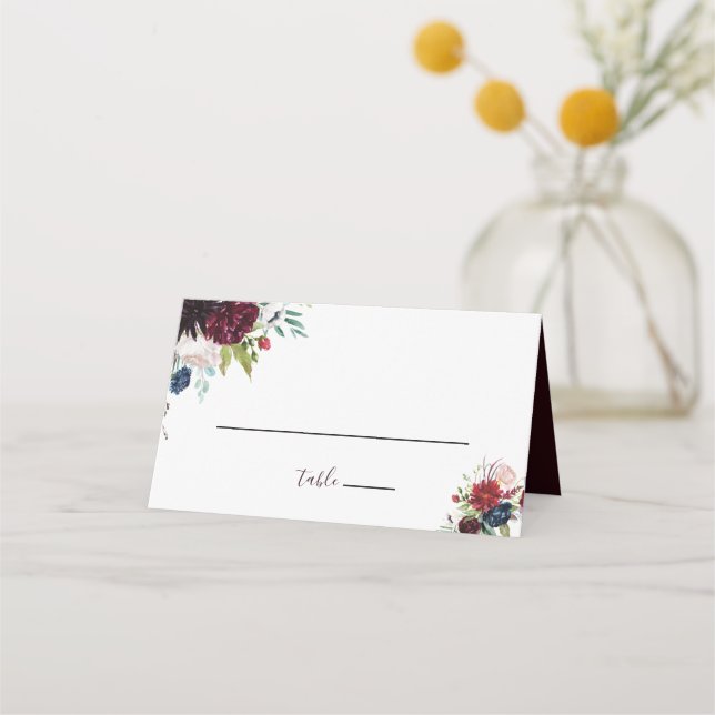 Modern Burgundy Navy Blommigt Bröllop Place Card Placeringskort (Framsida)