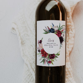 Modern burgundy Navy Blommigt Bröllop Vin-etikette Vinflaska Etikett