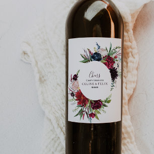 Modern burgundy Navy Blommigt Bröllop Vin-etikette Vinflaska Etikett
