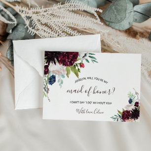 Modern Burgundy Navy  Blommigt Maid of honor Inbjudan Vykort
