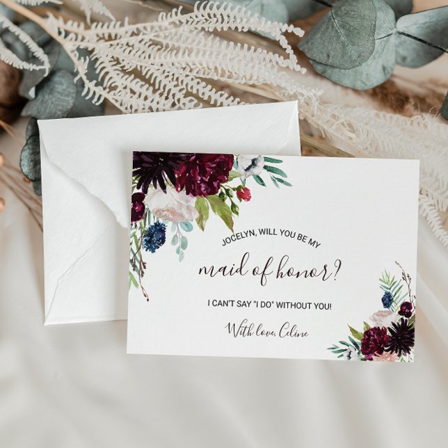 Modern Burgundy Navy  Blommigt Maid of honor Inbjudan Vykort (Skapare uppladdad)