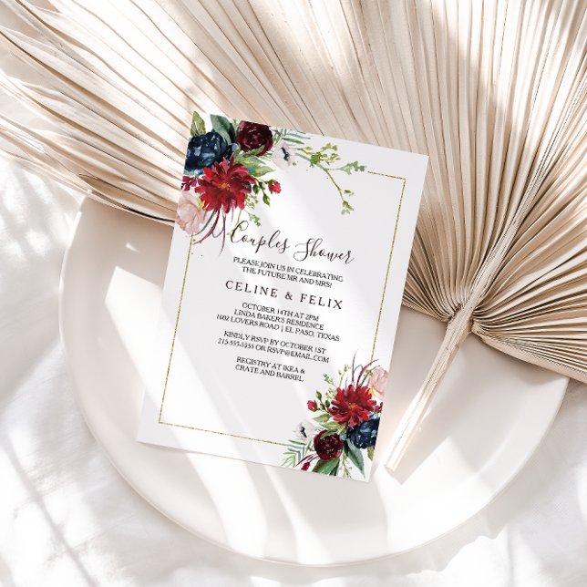Modern Burgundy Navy  Blommigt Par Shower Inbjudningar (Skapare uppladdad)