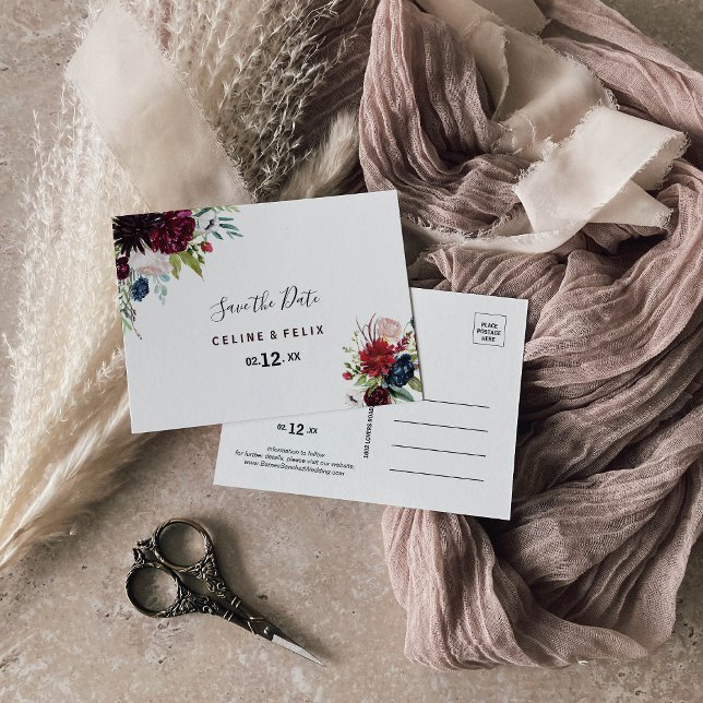 Modern burgundy Navy  Blommigt Spara datum Vykort (Skapare uppladdad)