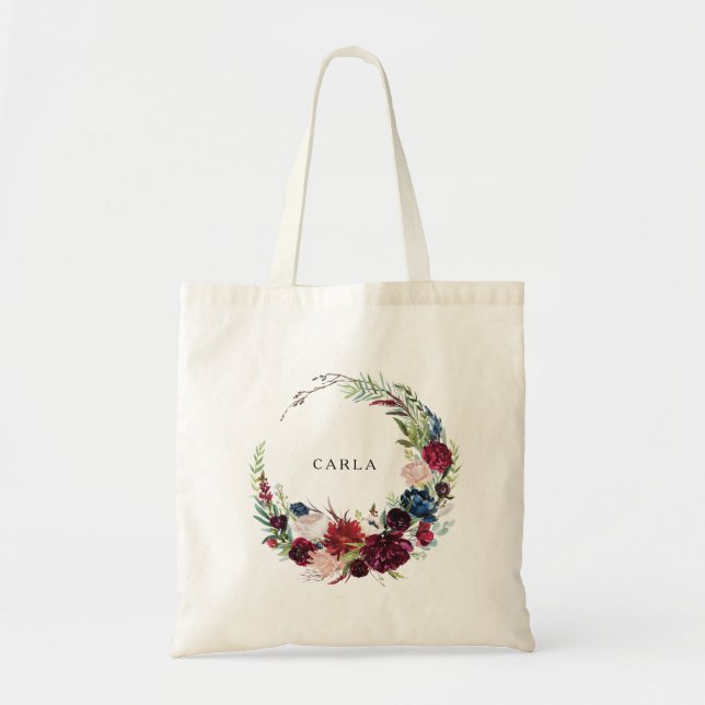 Modern Burgundy Navy  Blommigt Tote Bag Tygkasse (Framsidan)