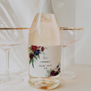 Modern burgundy Navy Bröllop Sparkling Vin-etikett