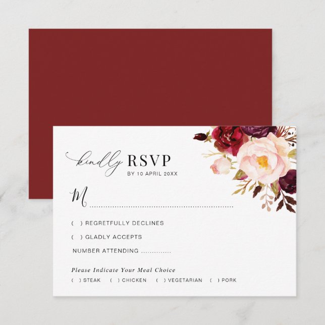 Modern Burgundy och  Blommigt-Bröllop OSA Tack Kort (Fram/baksida)