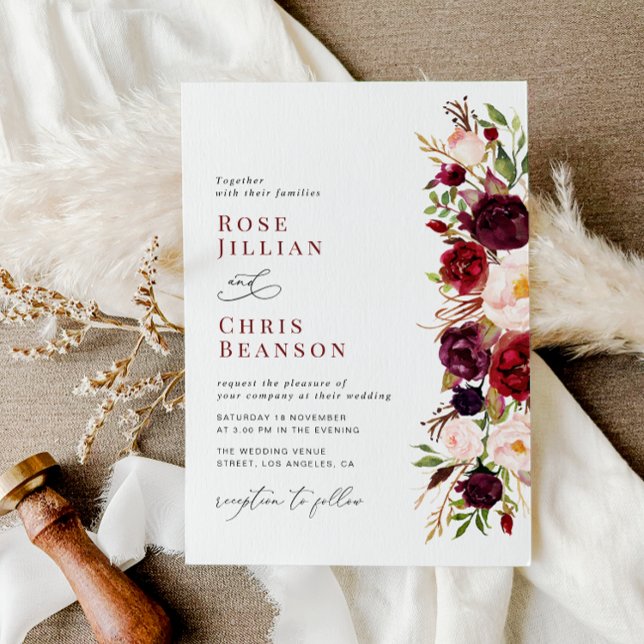 Modern Burgundy och  Blommigten Bröllop Inbjudningar (Skapare uppladdad)