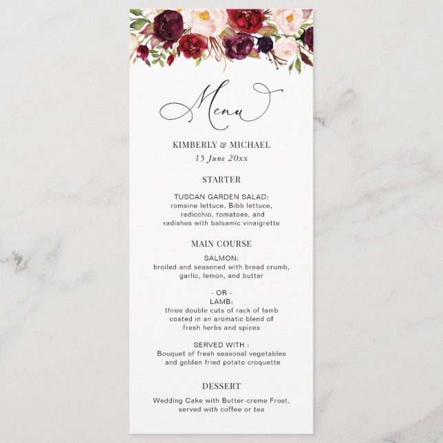 Modern Burgundy och  Blommigten Bröllop Meny (Framsida)