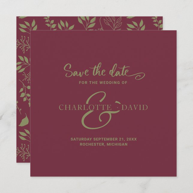 Modern Burgundy och Grönt Bröllop spara datum Spara Datumet (Fram/baksida)