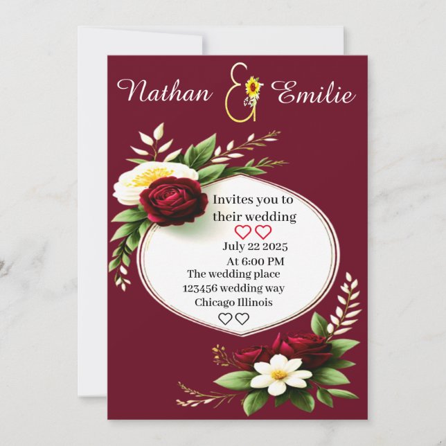 Modern burgundy och grönt romantik bröllop inbjudningar (Framsida)