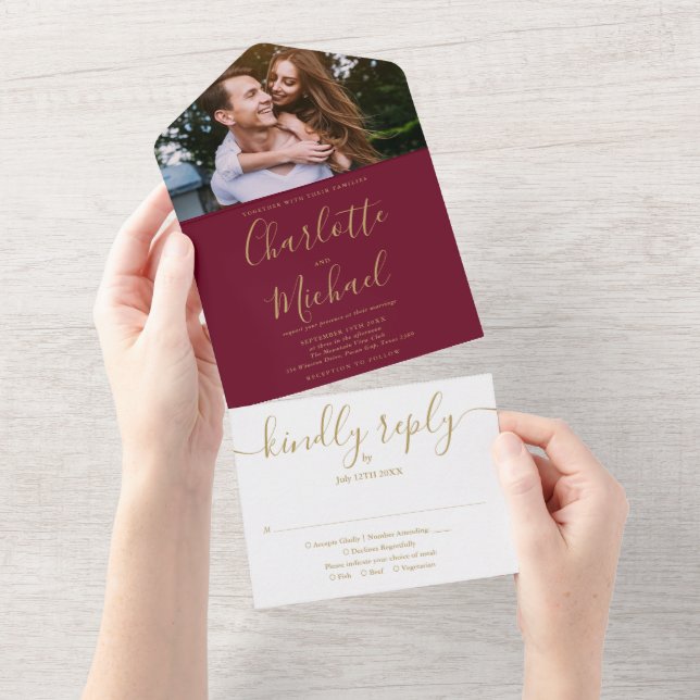 Modern Burgundy och Guld Script Foto Bröllop Allt (Avrivbar del)
