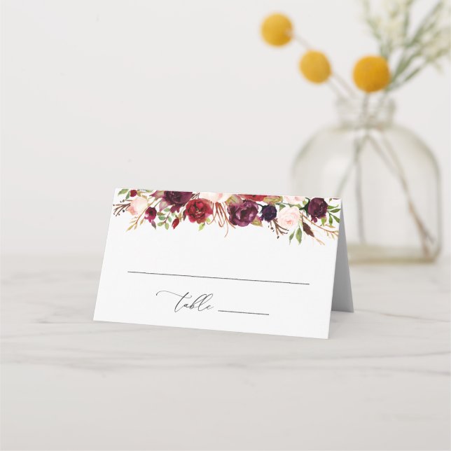 Modern Burgundy Och Rosa Blommig Placeringskort (Framsida)