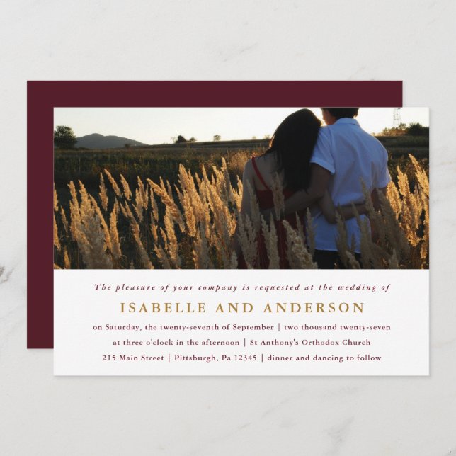 Modern Burgundy One Photo Bröllop Inbjudningar (Fram/baksida)