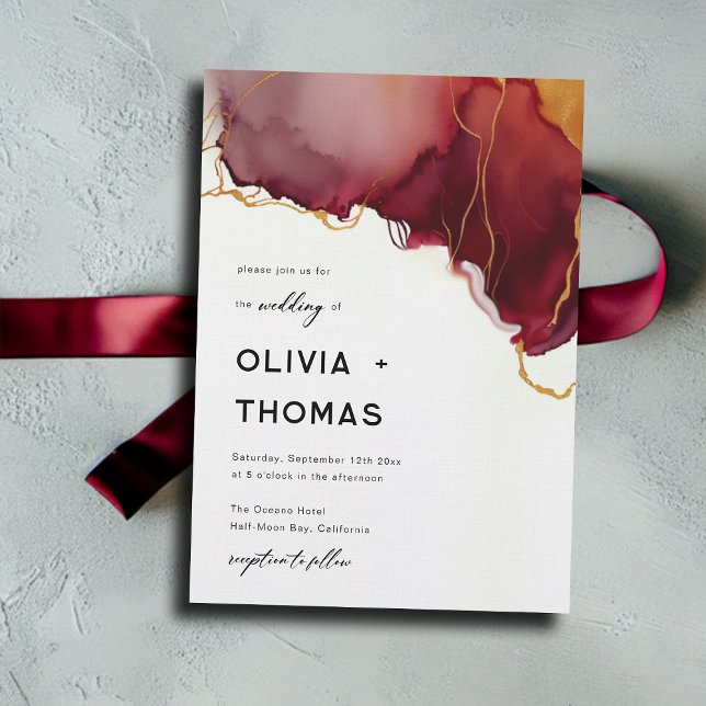 Modern Burgundy Orange Guld Elegant Bröllopet Inbjudningar (burgundy orange fall wedding invitation modern minimalist elegant bohemian romantic beach waves)