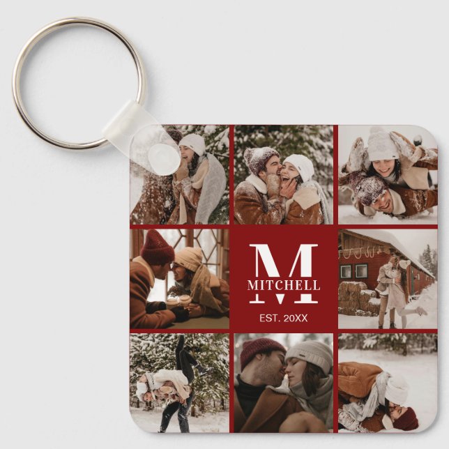 Modern Burgundy par Photo Collage Monogram Gift Nyckelring (Framsida)