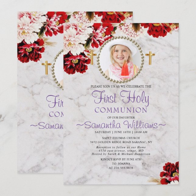Modern Burgundy  Photo First Communion Inbjudningar (Fram/baksida)