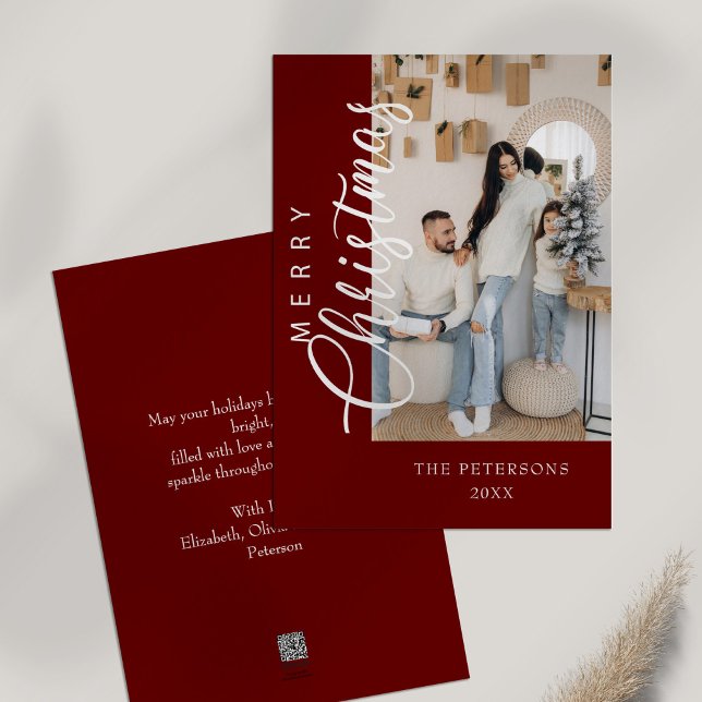 Modern Burgundy Photo jul Hälsning Julkort (Modern Burgundy Photo Christmas Greeting Holiday Card on white table)