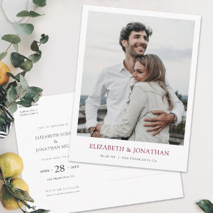 Modern Burgundy Photo Save Date Bröllop Inbjudan Vykort