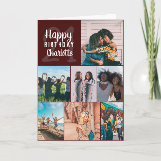 Modern burgundy photos collage grid 21 birthday kort