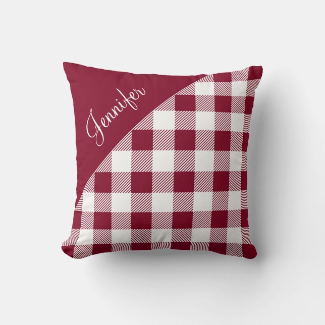 Modern Burgundy Play Gingham Mönster Namn Kudde (Framsida)