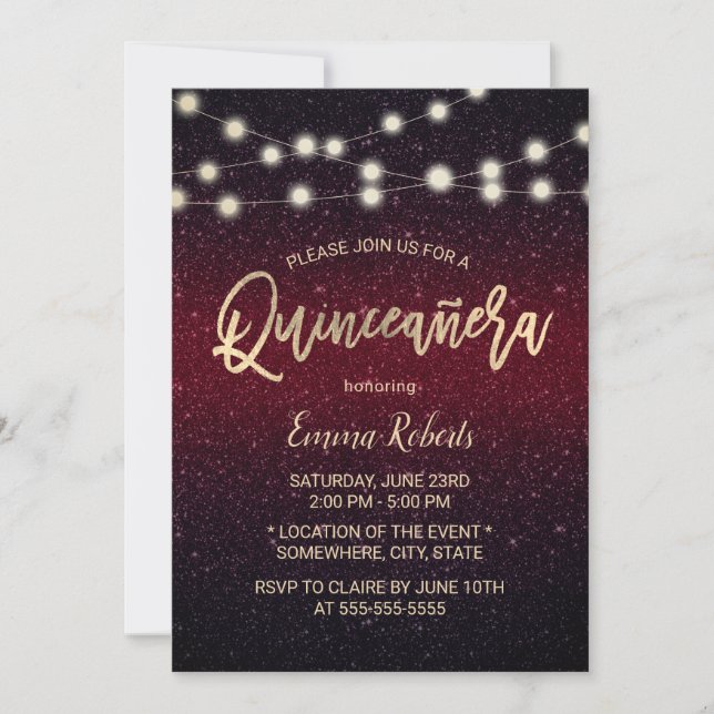 Modern Burgundy Red Faux Glitter Quinceanera 15 Inbjudningar (Framsida)