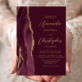 Modern Burgundy Red Guld Agate Bröllop Inbjudningar