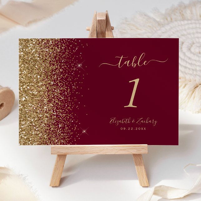 Modern Burgundy Red Guld Glitter Kant Bröllop Bordsnummer (Skapare uppladdad)