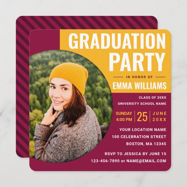 Modern Burgundy Red Gult | Foto Studenten Inbjudningar (Fram/baksida)