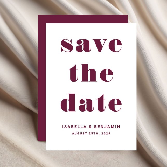 Modern Burgundy Red Typography Bröllop Spara Datumet (Modern Burgundy Red Typography Wedding Save The Date)