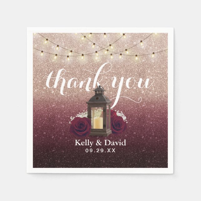 Modern Burgundy Ro Guld Ombre Lantern Bröllop Pappersservett (Framsidan)