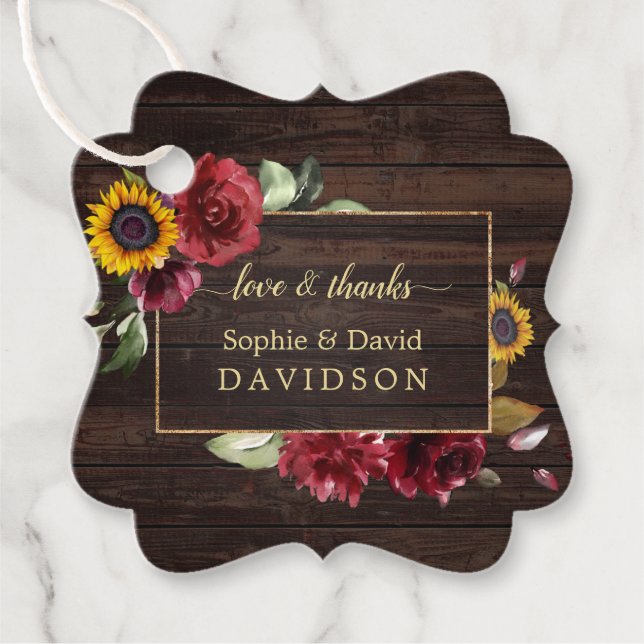 Modern Burgundy Ro solrosblomma Guld Bröllop Gåvor Etiketter (Framsida)