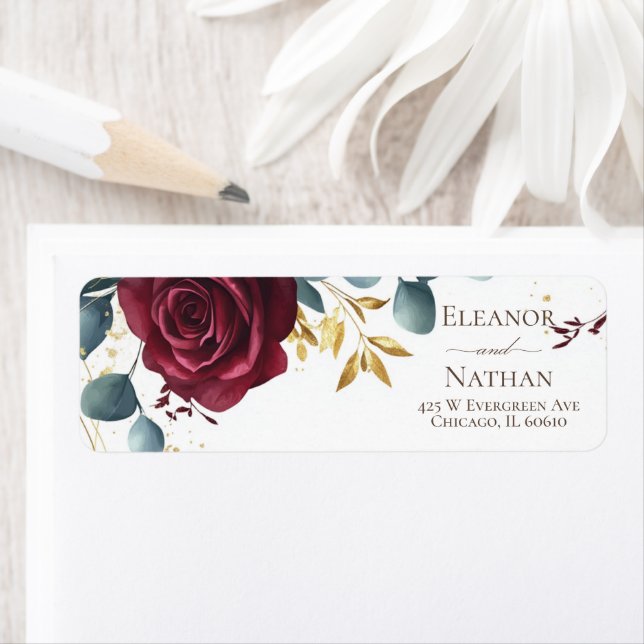 Modern burgundy ro Vår bröllop Returadress Etikett (Insitu)
