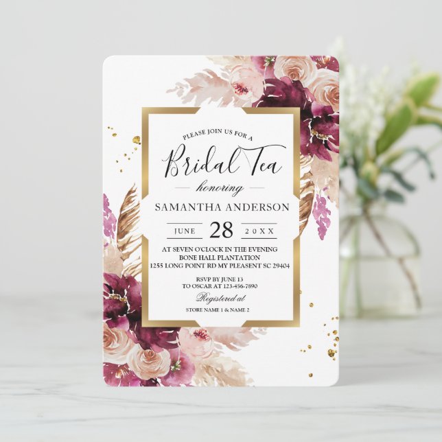 Modern Burgundy  Rosa Blommigt & Guld Ram Inbjudningar (Stående Fram)