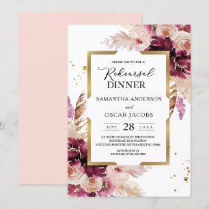 Modern Burgundy Rosa Blommigt & Guld Ram Inbjudningar