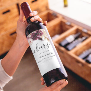 Modern Burgundy Rosa Blommigt Vinflaska Etikett