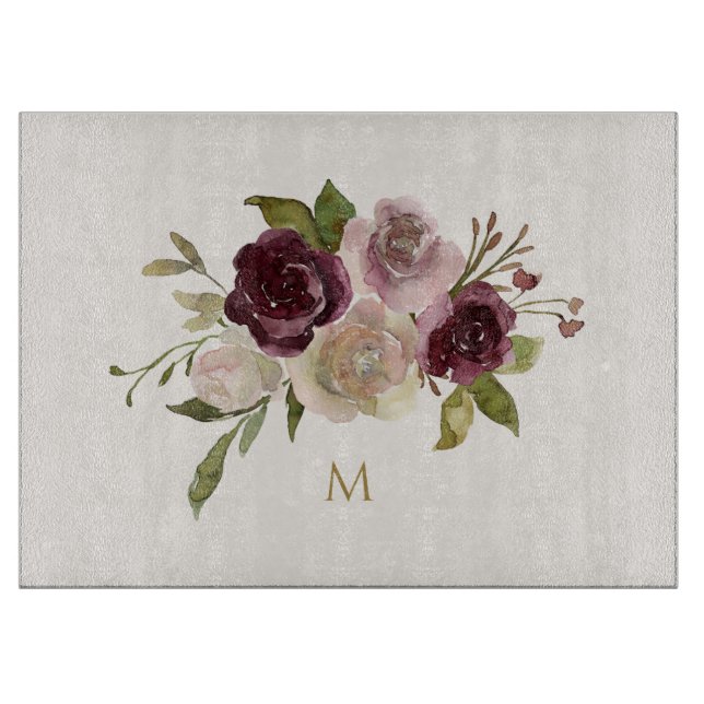 Modern Burgundy Rosa Blommigt Watercolor Monogram (Framsidan)
