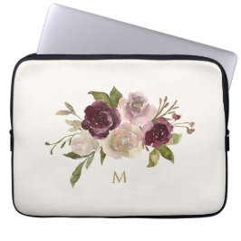 Modern Burgundy Rosa Blommigt Watercolor Monogram Laptop Fodral
