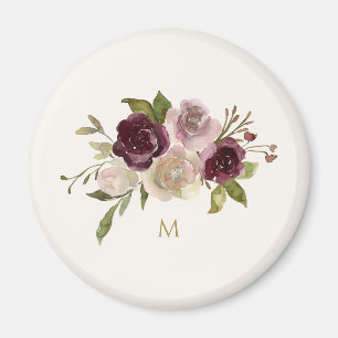 Modern Burgundy Rosa Blommigt Watercolor Monogram Magnet