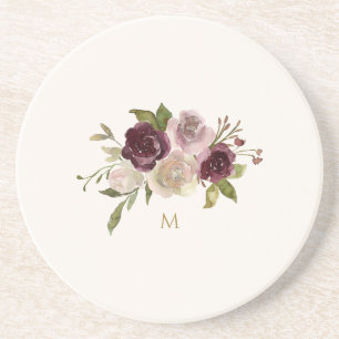 Modern Burgundy Rosa Blommigt Watercolor Monogram Underlägg
