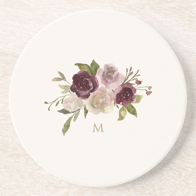 Modern Burgundy Rosa Blommigt Watercolor Monogram Underlägg (Framsidan)