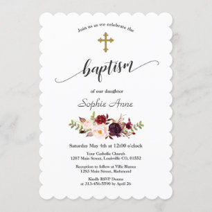 Modern burgundy Rosa Flowers Guld Kor-baptism Inbjudningar