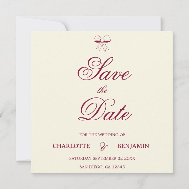 Modern Burgundy Script Ivory Bow Chic Wedding Card (Framsida)