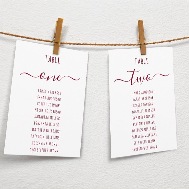 Modern Burgundy Script White Seating Chart Card (Skapare uppladdad)