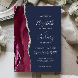 Modern Burgundy Silver Agat Marinblå Bröllop Inbjudningar