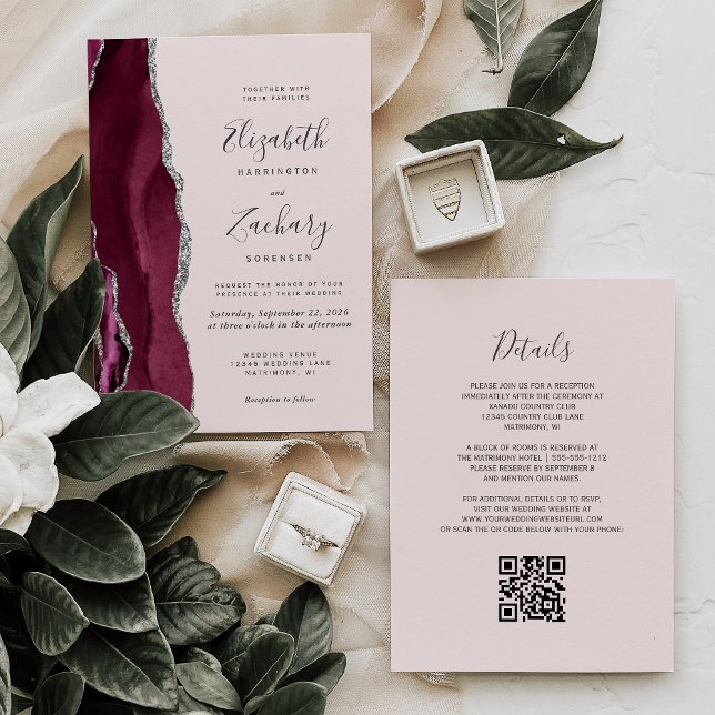 Modern Burgundy Silver Agate Blush QR Code Wedding Inbjudningar (Skapare uppladdad)