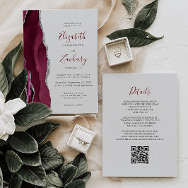 Modern Burgundy Silver Agate Gray QR Code Wedding Inbjudningar