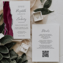 Modern Burgundy Silver Agate QR Code Bröllop