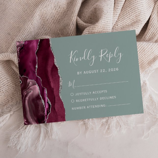 Modern Burgundy Silver Agate Sage Grönt Bröllop OSA Kort (Skapare uppladdad)