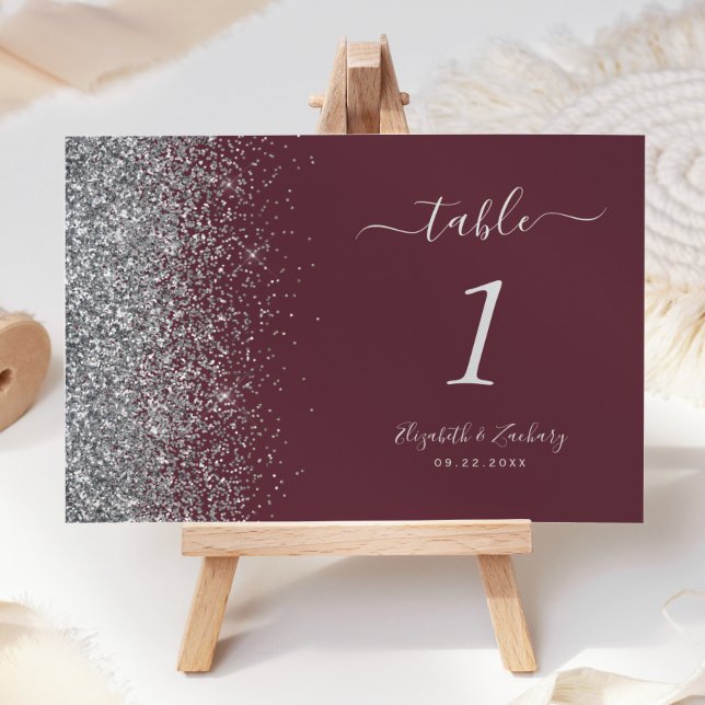 Modern Burgundy Silver Glitter Kant Bröllop Bordsnummer (Skapare uppladdad)