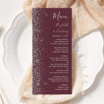 Modern Burgundy Silver Glitter Kant Bröllop Meny<br><div class="desc">Den moderna bröllop-menyn på den lämnat kant i eleganten har en silver faux glitter-design. Anpassadet kombinerar handskrift,  tryckplåt och kursivt typsnitt med silver grått på en burgundisk bakgrund. Den bakomliggande sidan har en matchande burgundi- och silver glitter-design.</div>